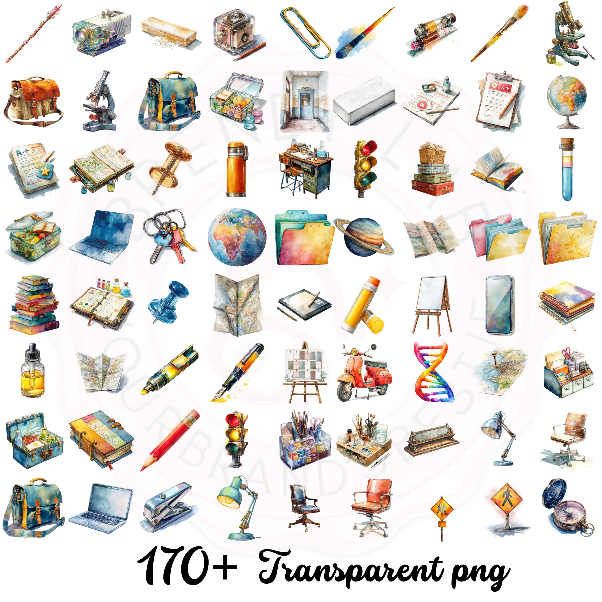 Watercolor School Clipart Bundle: 170+ PNG Graphics