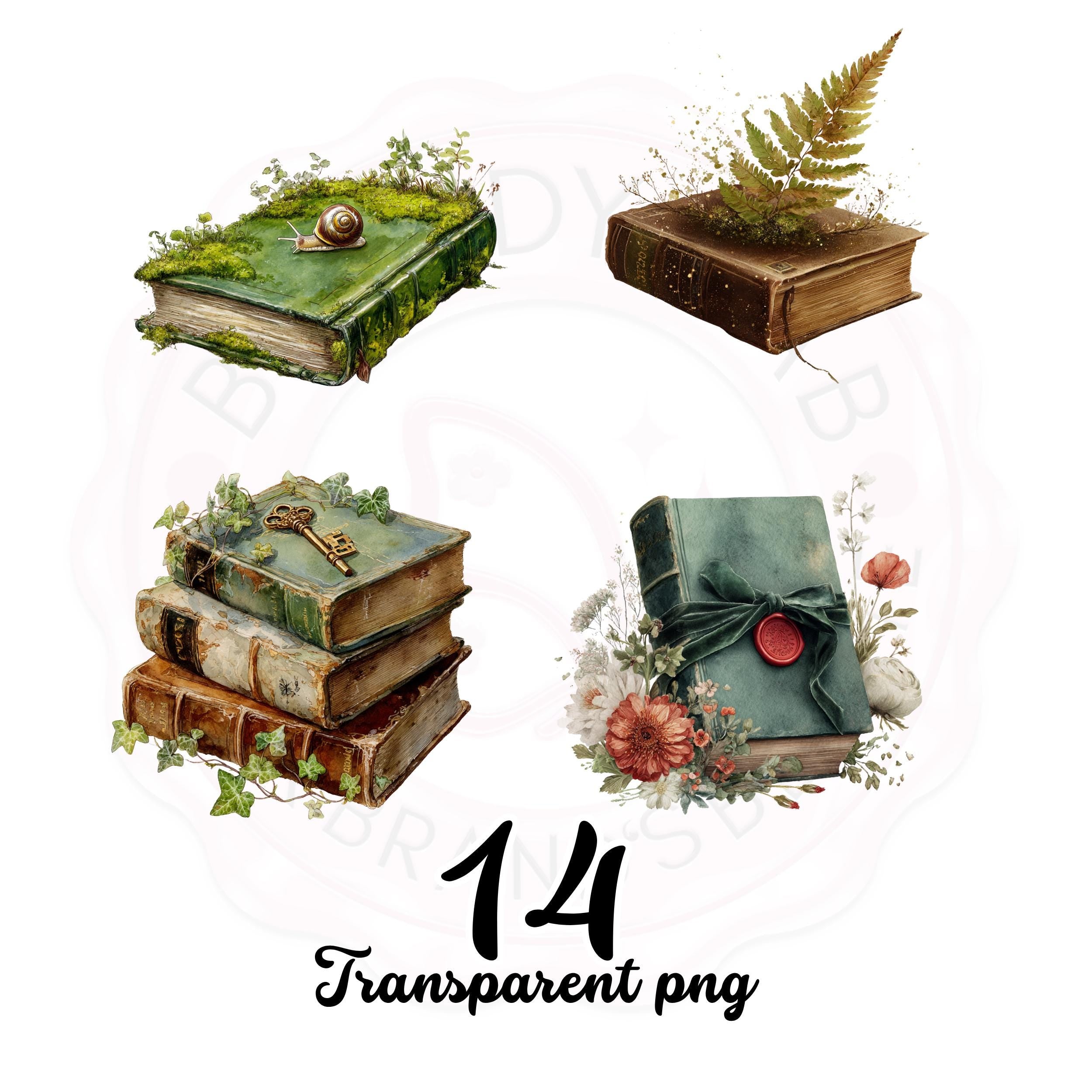 Watercolor Fantasy Book Clipart Set: Enchanted Vintage Style