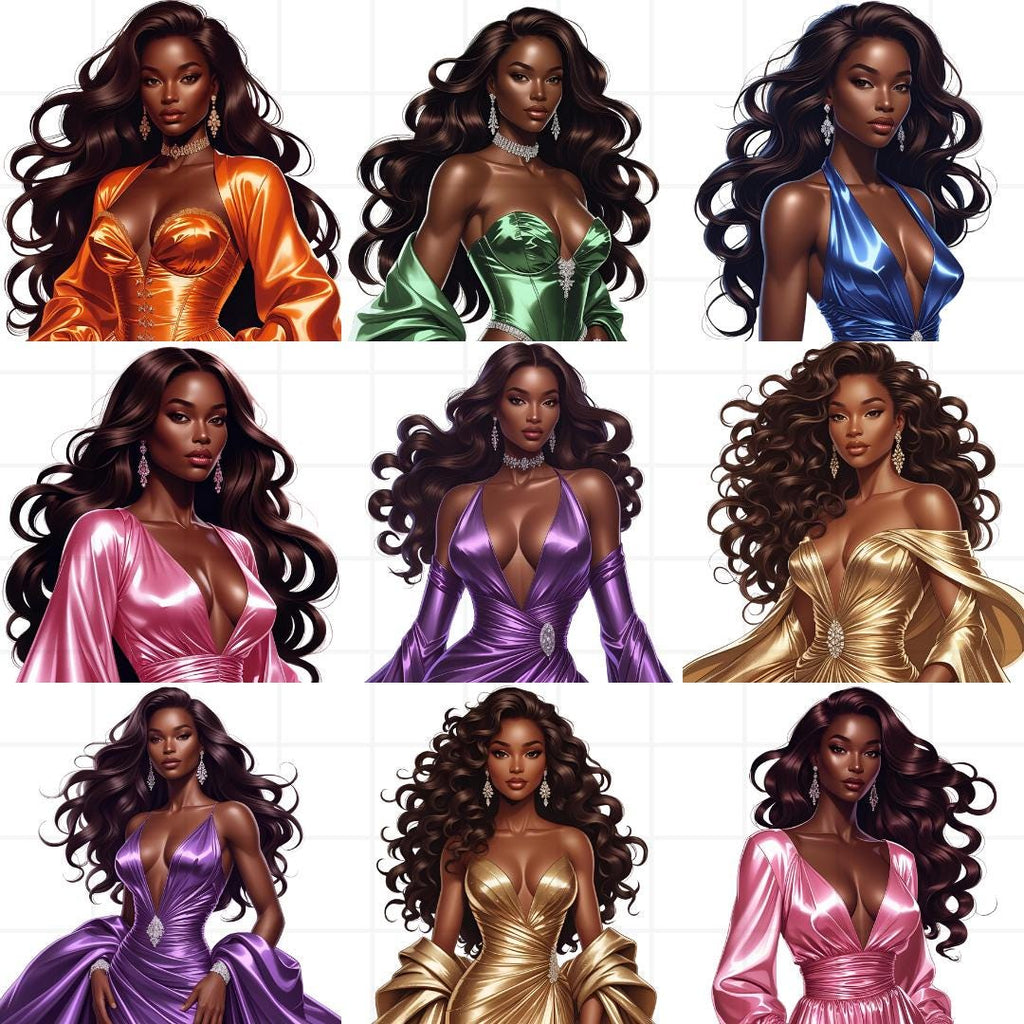 Glam Black Women Clipart Bundle: Afrocentric Fashion PNGs