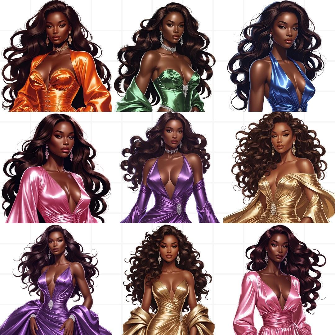 Glam Black Women Clipart Bundle: Afrocentric Fashion PNGs