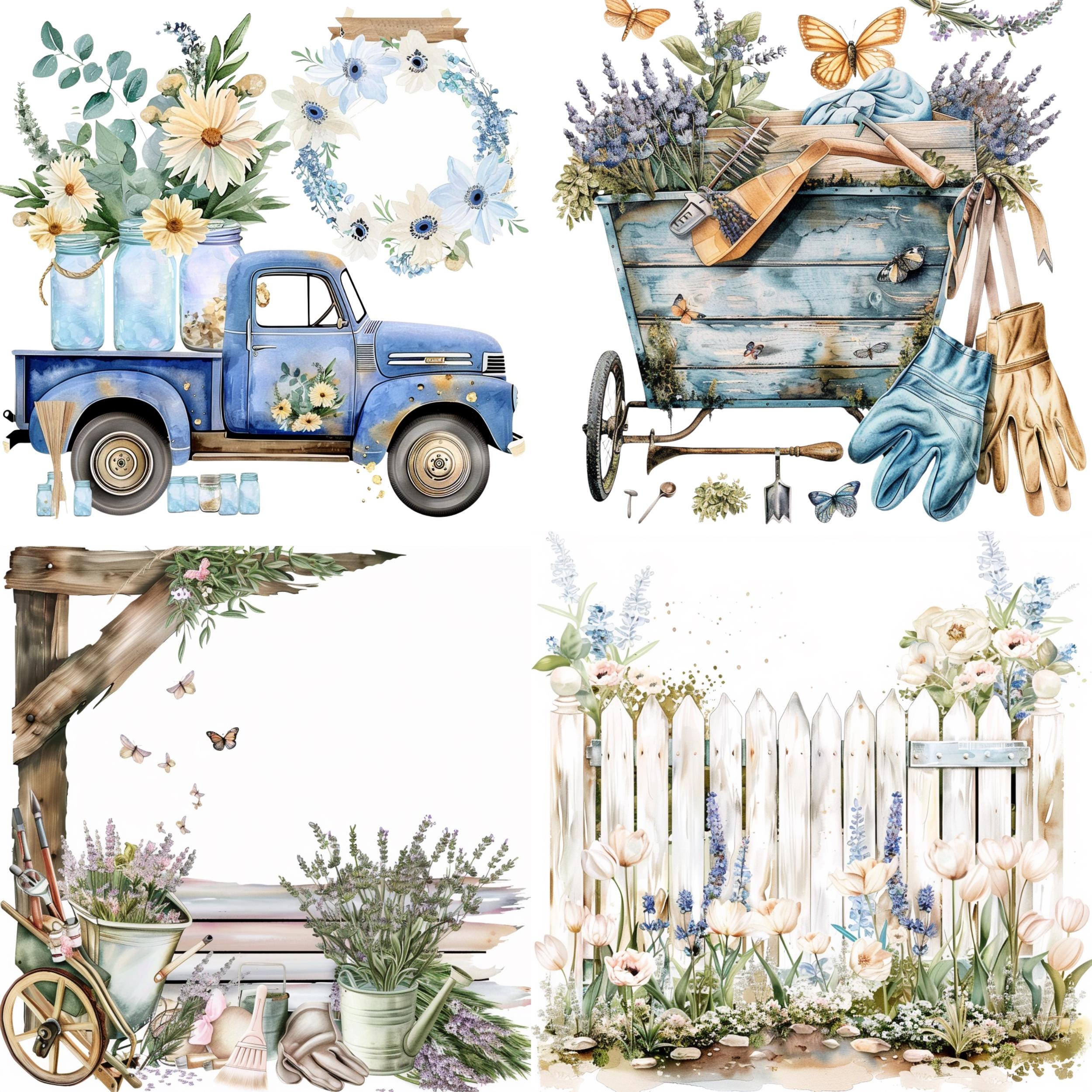 Cottagecore Watercolor Clipart Bundle: Teacups, Florals, Farmhouse Truck