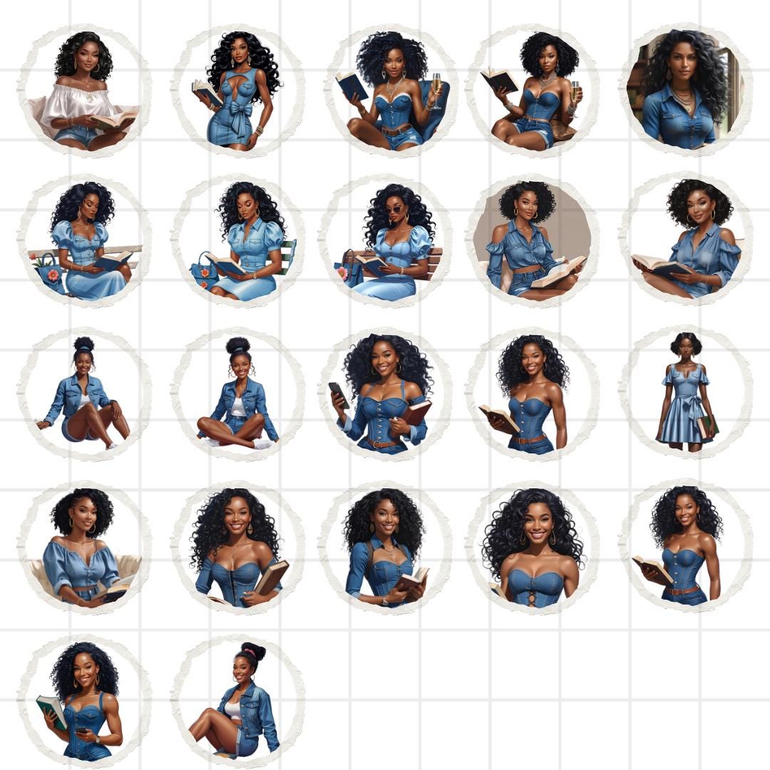 Melanin Clipart Bundle: Black Woman Reading in Denim