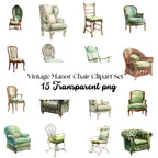 Vintage Green Chair Clipart Set: Manor Style PNG Illustrations 15 clipart
