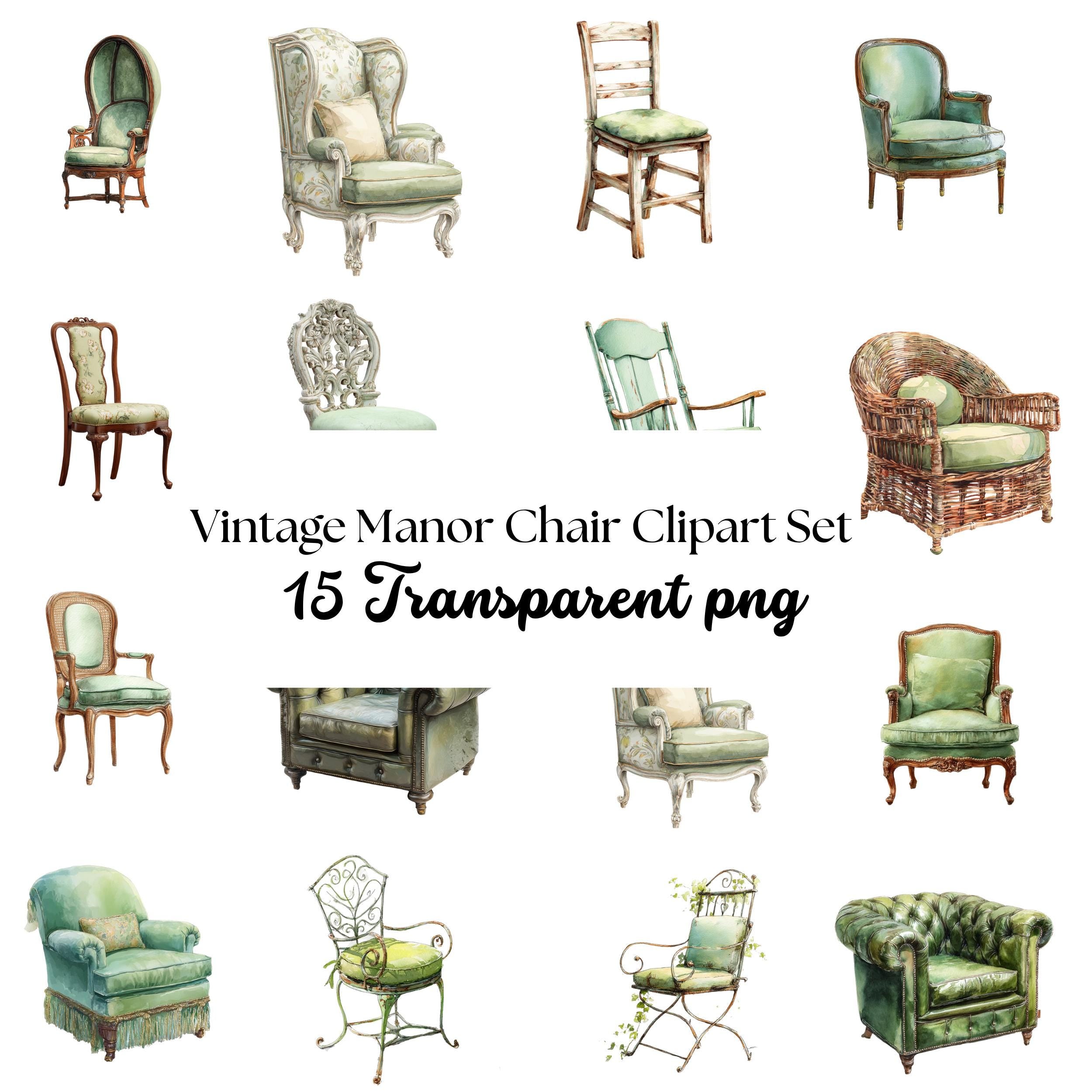 Vintage Green Chair Clipart Set: Manor Style PNG Illustrations 15 clipart