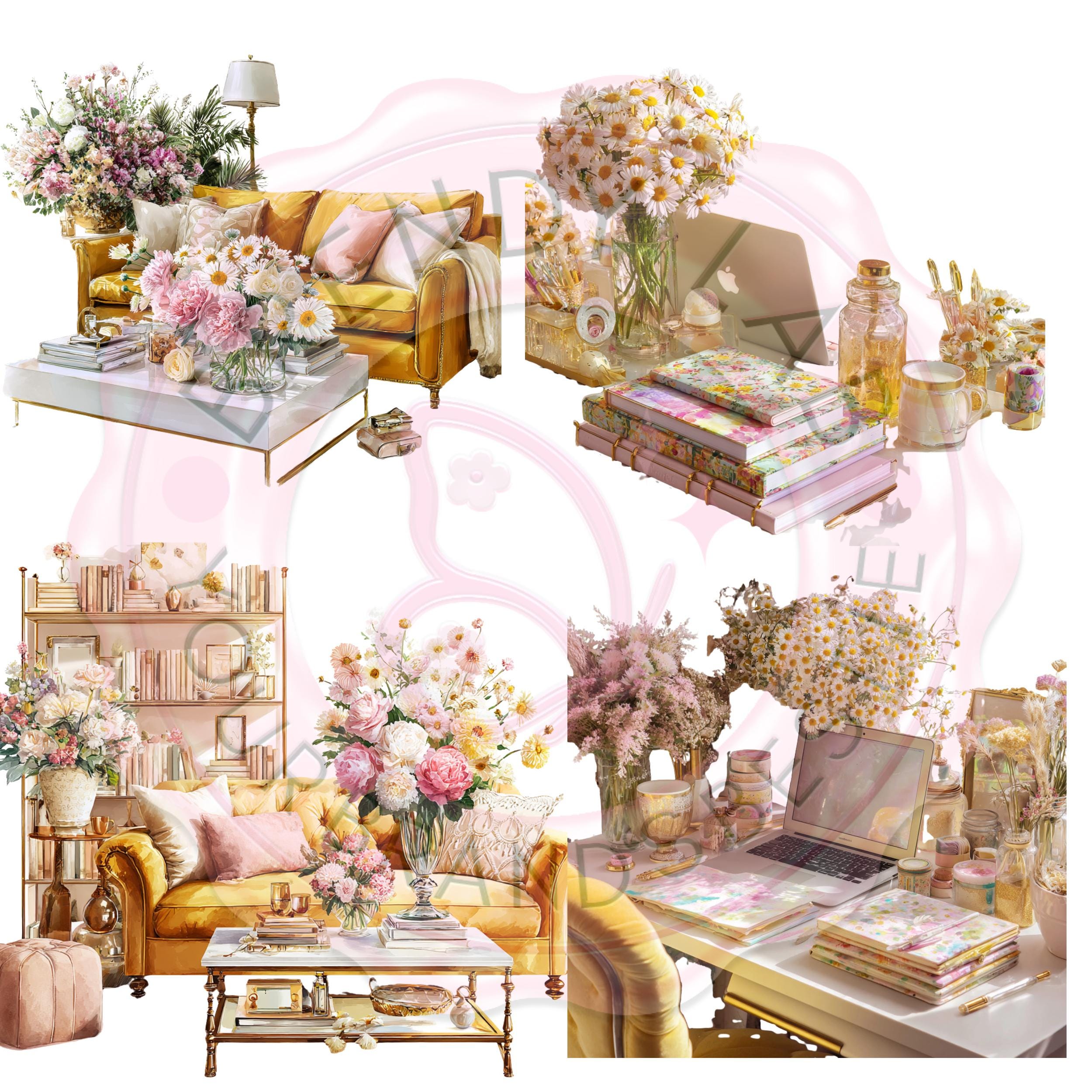Yellow Watercolor Clipart Bundle: Sunflowers, Tea, Cozy Desk