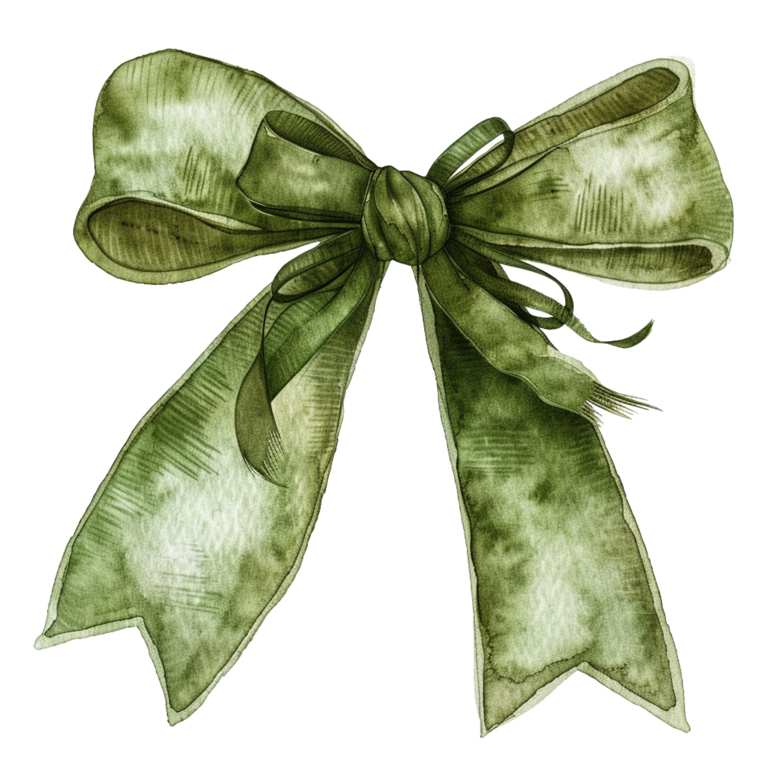 Watercolor Green Bow Clipart Bundle: Satin Ribbon PNG Graphics