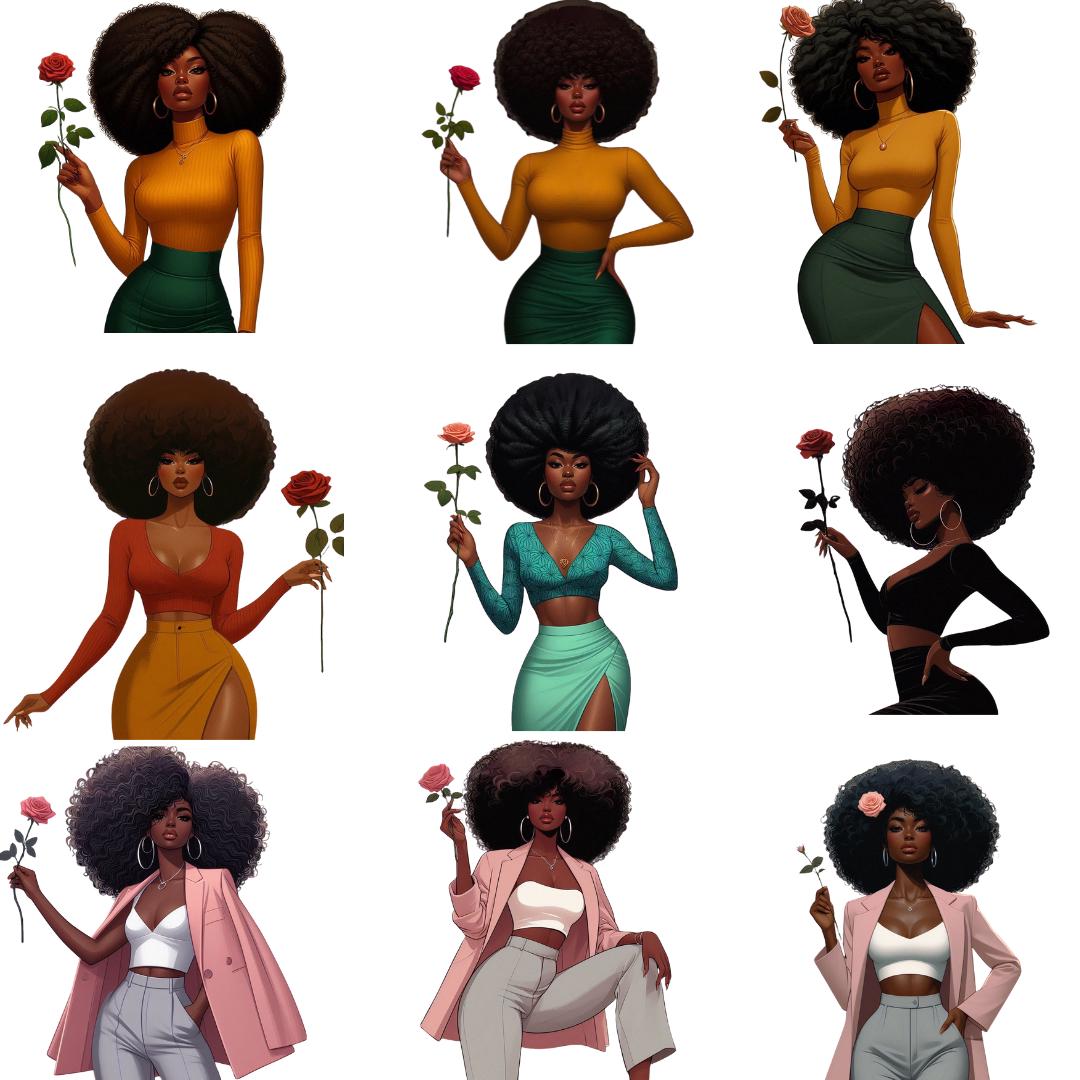 Black Woman Afro Art: Confident Fashion Girl PNG Clipart Bundle