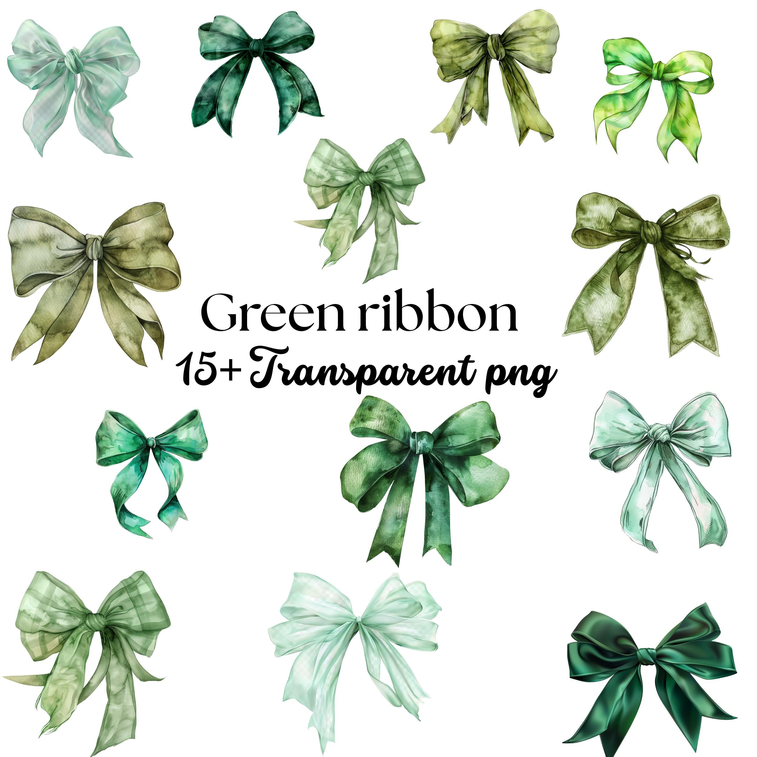Watercolor Green Bow Clipart Bundle: Satin Ribbon PNG Graphics