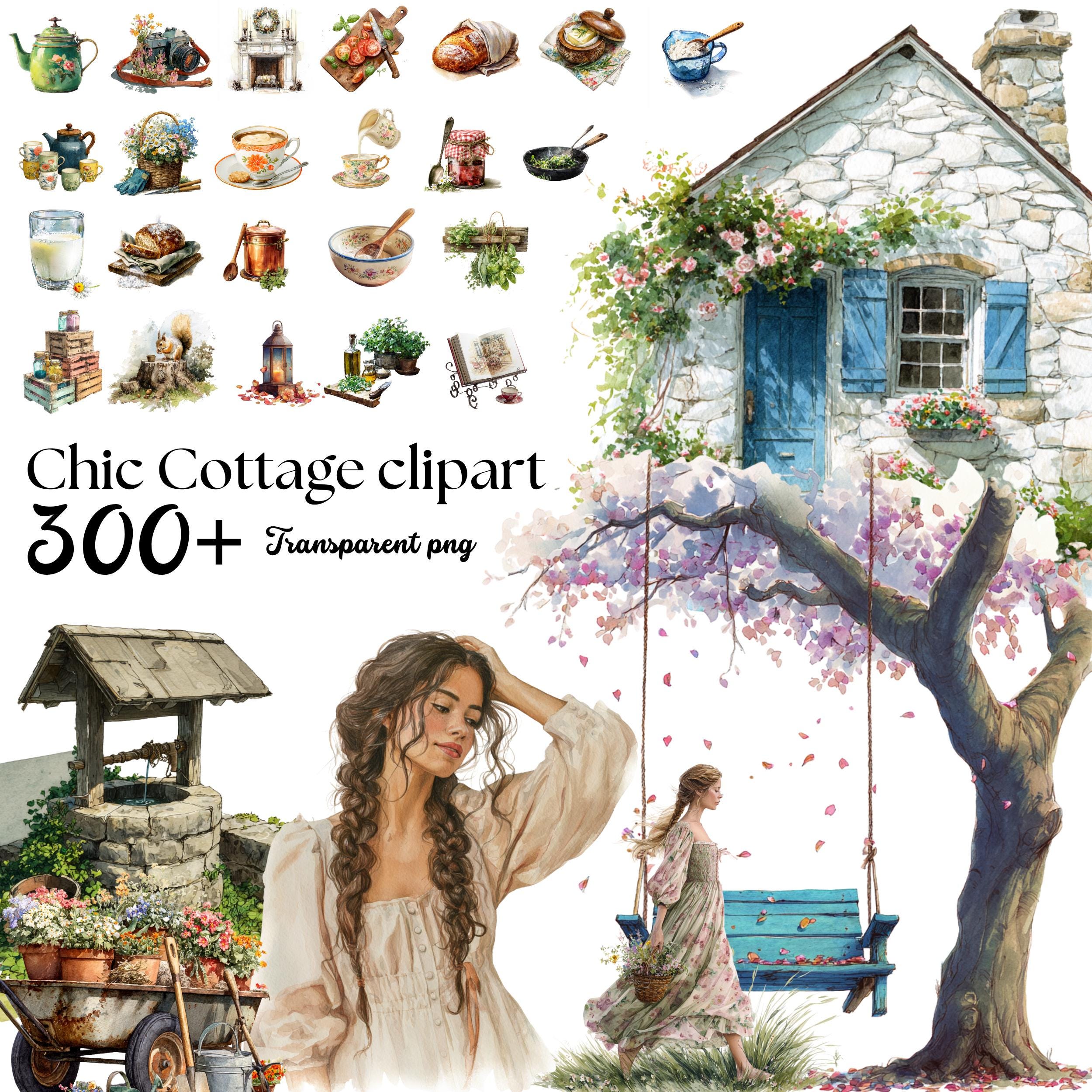 Watercolor Cottagecore Clipart Mega Bundle: 300+ Rustic Illustrations