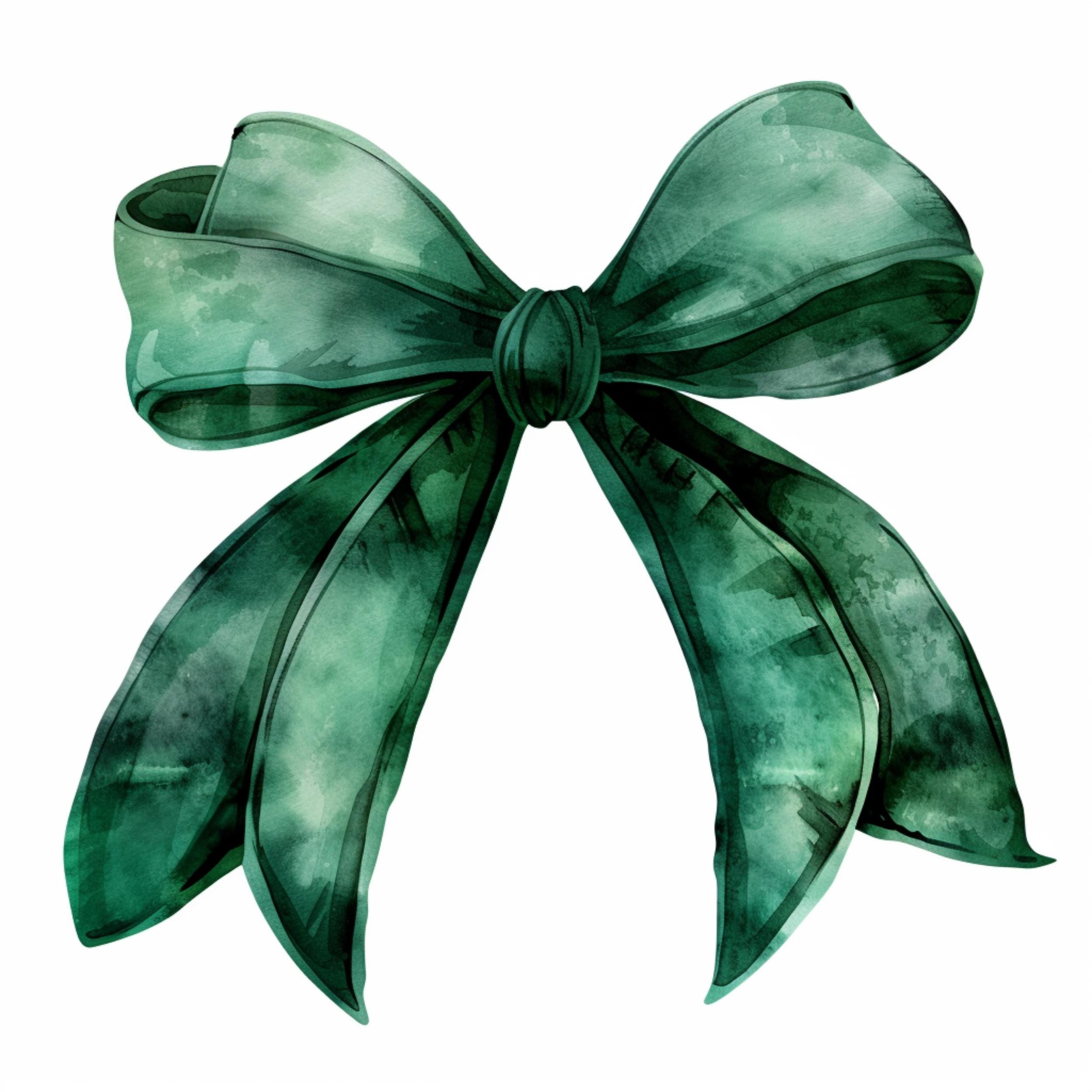 Watercolor Green Bow Clipart Bundle: Satin Ribbon PNG Graphics