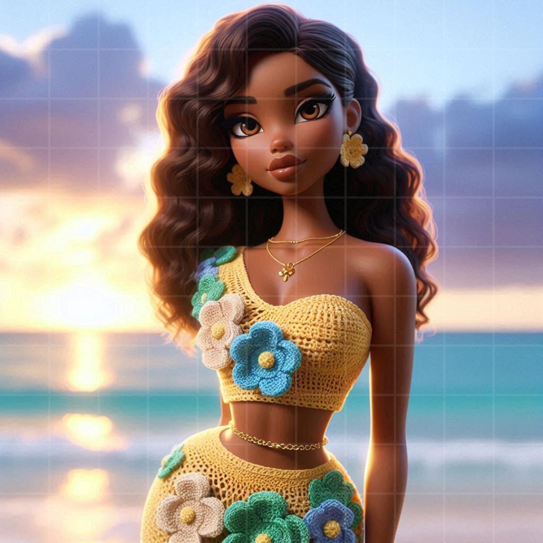 Crochet Fashion Girl Clipart Bundle: 3D Cartoon PNGs, Tropical Beach