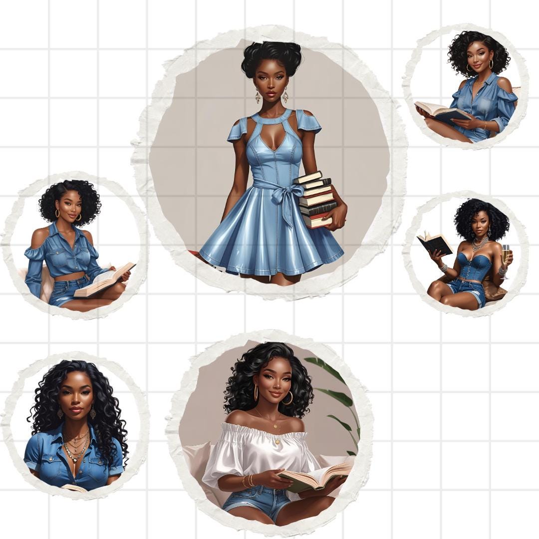 Melanin Clipart Bundle: Black Woman Reading in Denim
