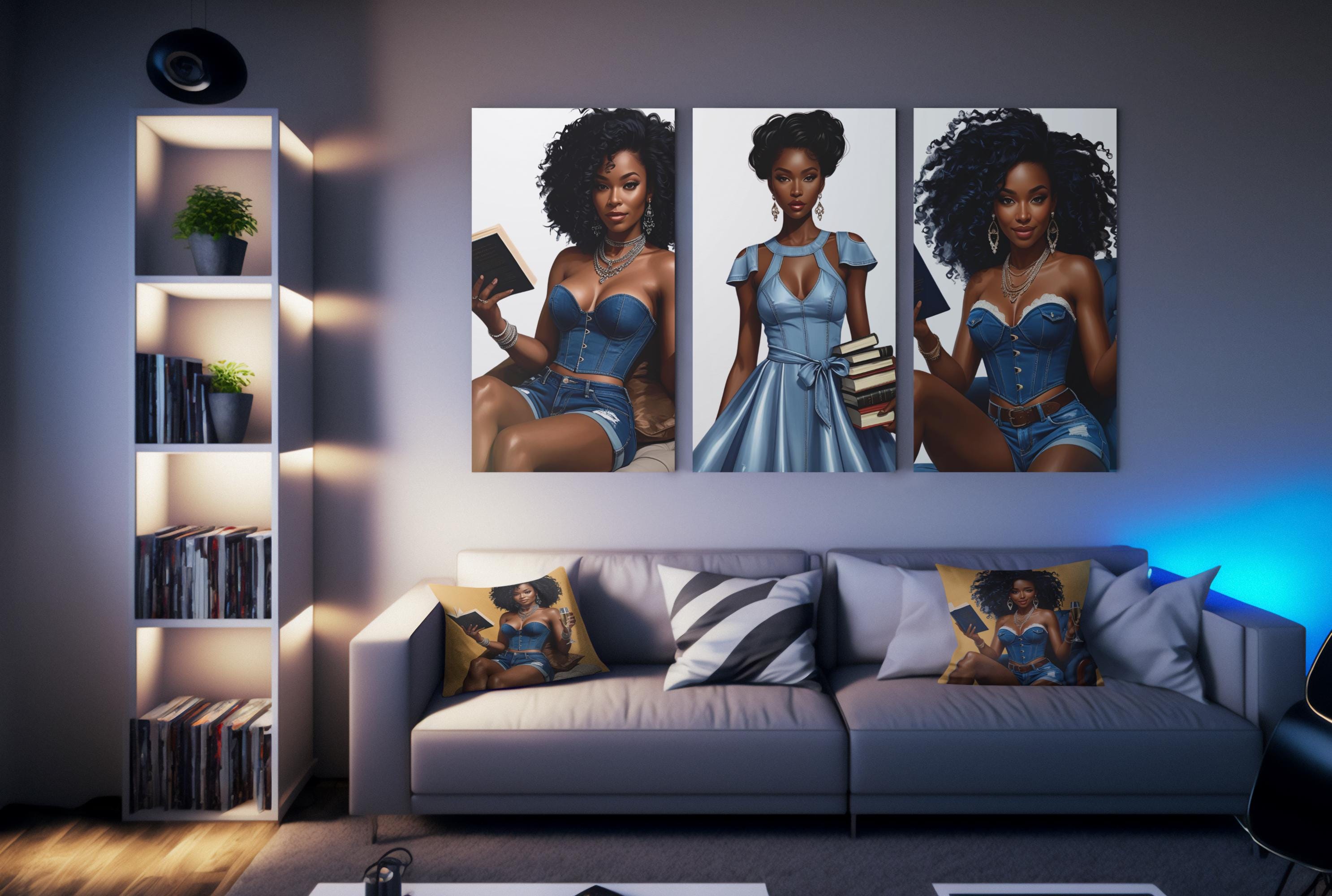 Melanin Clipart Bundle: Black Woman Reading in Denim